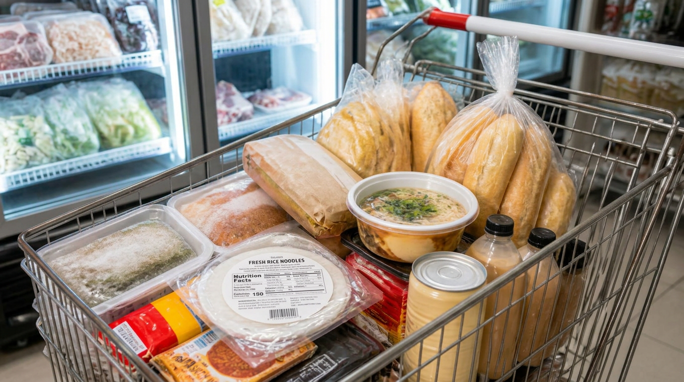 A shopping cart with hot bánh mì and a noodle bowl alongside frozen meal packs, instant noodles, rice paper and drinks
